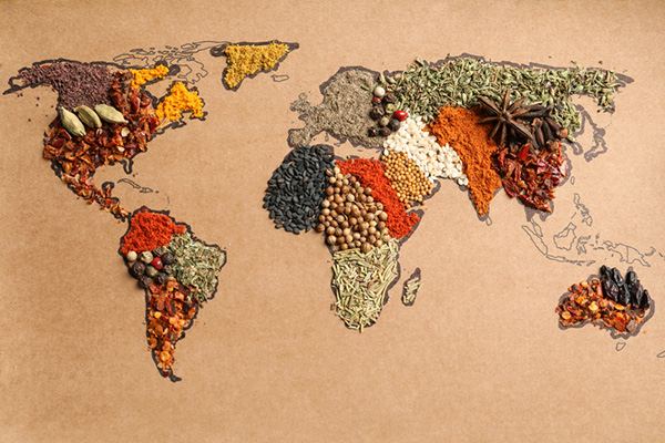 World map made of food and spices